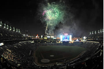 <b>The huge HDTV at Turner Field is a fireworks show all by itself. This photo was taken after a game against the Washington Nationals on April 11, 2009.</b> Al Messerschmidt/<a class="link " href="http://www.gettyimages.com" rel="nofollow noopener" target="_blank" data-ylk="slk:Getty Images;elm:context_link;itc:0;sec:content-canvas">Getty Images</a>