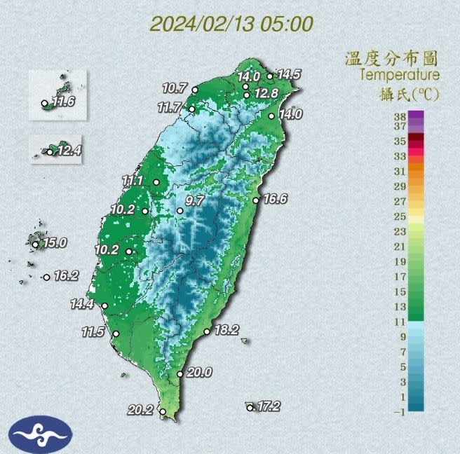 鄭明典分享今日清晨5時的溫度分布圖，直呼「多變的輻射冷卻」！（圖／翻攝自中央氣象署）