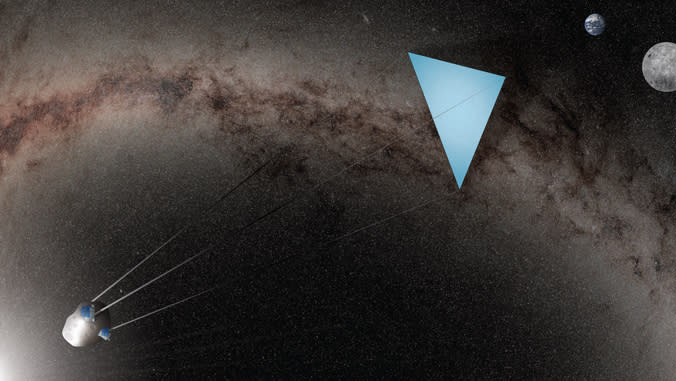  An illustration of a blue, triangular  "umbrella" attached to an asteroid in space. 