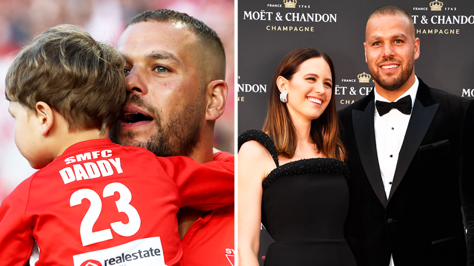 Buddy Franklin tears up with his child and Jesinta Franklin poses with Buddy.