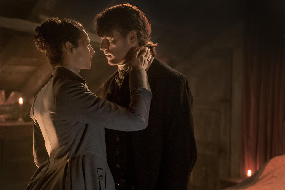 Jamie and Claire continue their reunion at Jamie’s apartment above a brothel (Photo: Starz)