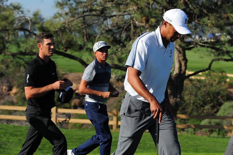 Tiger Woods, once dominant on the course, is barely a shadow of his former self. (Getty)