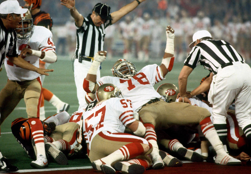 San Francisco 49ers defensive tackle (78) Archie Reese celebrates a 4th down goal line stand against the <a class="link " href="https://sports.yahoo.com/nfl/teams/cincinnati/" data-i13n="sec:content-canvas;subsec:anchor_text;elm:context_link" data-ylk="slk:Cincinnati Bengals;sec:content-canvas;subsec:anchor_text;elm:context_link;itc:0">Cincinnati Bengals</a> during the 3rd quarter of Super Bowl XVI at the Silverdome. The 49ers won their first Super Bowl Championship 26-21. Tony Tomsic-USA TODAY NETWORK