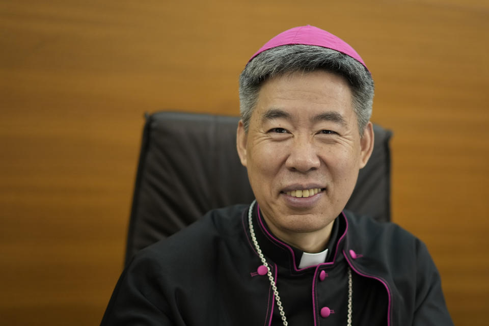 Shangai Bishop Joseph Shen Bin speaks at an international conference to celebrate "100 years since the Concilium Sinense: between history and the present" celebrating the First Council of the Catholic Church in China, organized by the Pontifical Urbaniana University, in Rome, Tuesday, May 21, 2024. (AP Photo/Andrew Medichini)