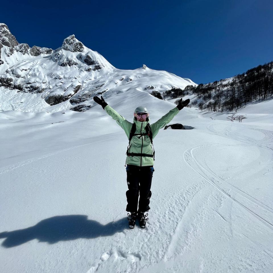 Lucy Aspen on the first helicopter run, Patagonia