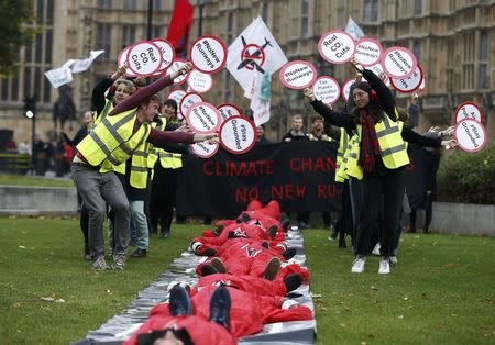 Demonstrators protest on Abbingdon Green before the government's announcement on airport expansion, in London, Britain October 25, 2016. REUTERS/Peter Nicholls