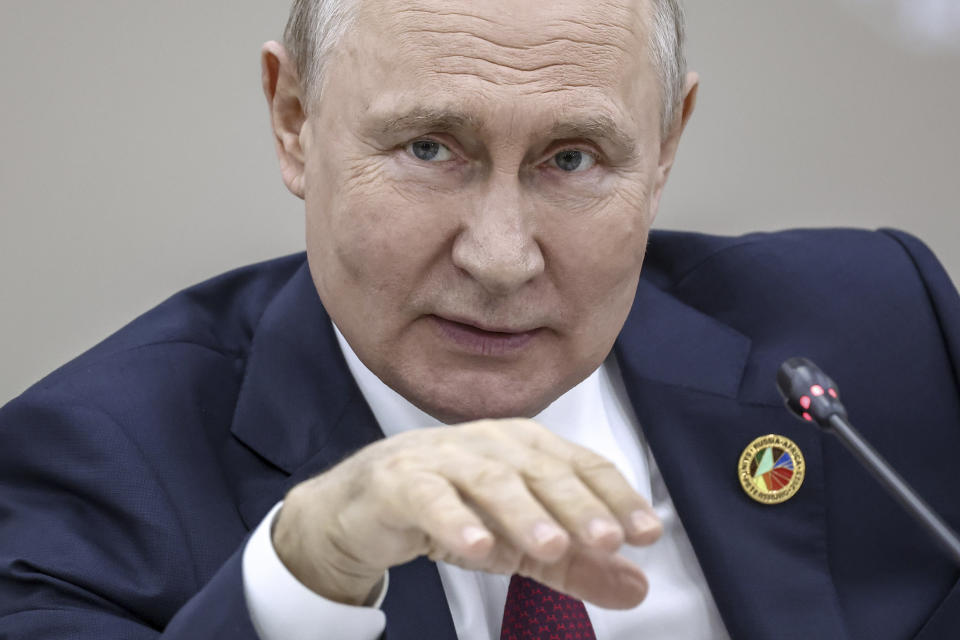 Russian President Vladimir Putin speaks during a breakfast meeting with leaders of African regional organisations on the sideline of the Russia Africa Summit in St. Petersburg, Russia, Thursday, July 27, 2023. (Mikhail Metzel/TASS Host Photo Agency Pool Photo via AP)