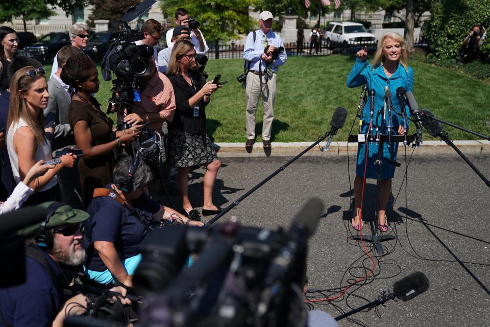 Kellyanne Conway asked a reporter for his ethnicity as he sought comment on President Donald Trump’s racist tweets regarding four non-white congresswomen during a press conference on Tuesday.She then became visibly annoyed when he questioned the relevance of her question.“It is [relevant] because he said ‘originally’ from,” she said, after telling him her own ancestors came from “Ireland and Italy.”“You know everything [Mr Trump] said since. He’s put out a lot of tweets. He made himself available to all of you yesterday.”Ms Conway, Mr Trump's usually unflappable aide, then snapped at reporters that the president is “tired.”“A lot of people are sick and tired of this country - of America coming last,” she said, jutting her head towards the reporter whose ethnicity she questioned, “to people who swore an oath of office.”She continued, saying people were “sick and tired” of “our military being denigrated,” and of the Customs and Border Patrol agents, who she claimed are “overwhelmingly Hispanic, by the way” being “criticised” and “doxxed.”The people doing the "doxxing," she said, are “a bunch of Hollywood D-listers who have nothing else to do but sit on their asses on Twitter all day.”She then called CBP agents “brave men and women who are diving into the Rio Grande to save people who are drowning, who are taking other people’s babies into custody and diapering them and feeding them, and looking the other way when people are running across with drugs.”The press conference was the latest episode in the Trump administration’s response to overwhelming criticism of Mr Trump's racist tweets from the weekend.