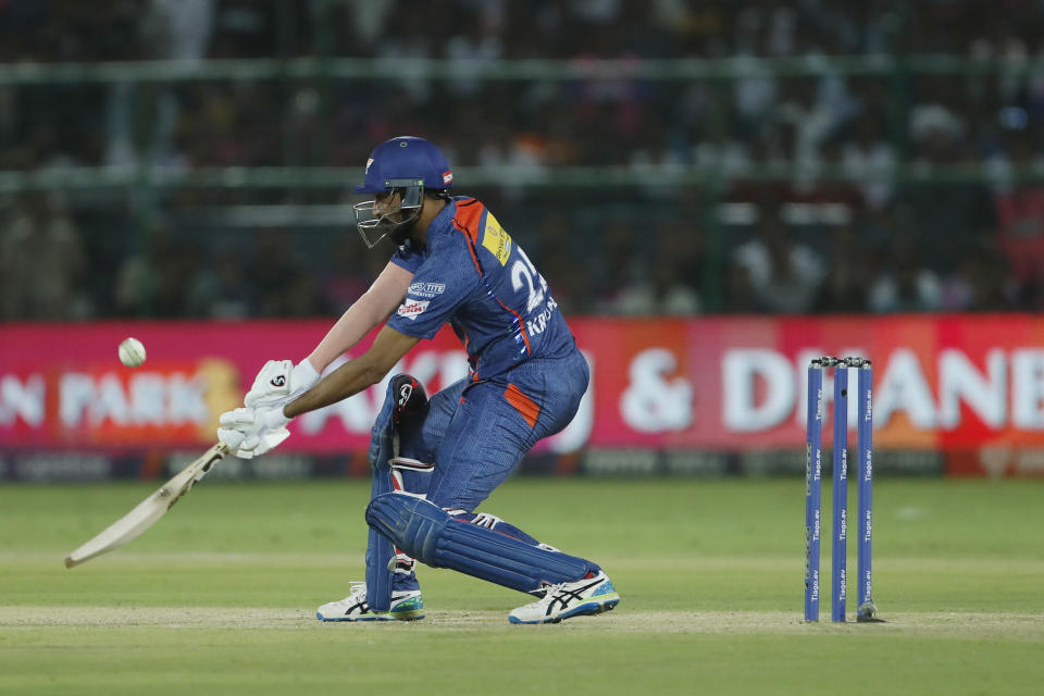 Lucknow Super Giants' Krunal Pandya bats during the Indian Premier League cricket match between Lucknow Super Giants and Rajasthan Royals in Jaipur, India, Wednesday, April 19, 2023. (AP Photo Surjeet Yadav )