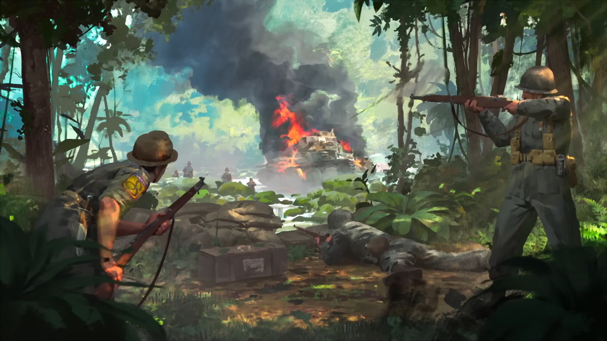  Two soldiers fight in a jungle in artwork for Hearts of Iron 4's Trial of Allegiance DLC. 