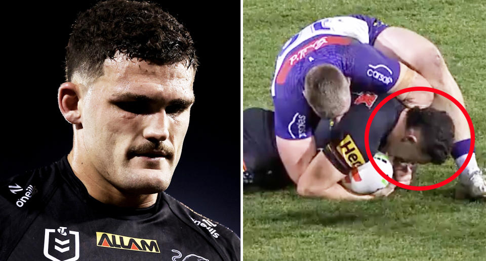 Nathan Cleary, pictured here after sustaining a shoulder injury in a tackle on Josh King.