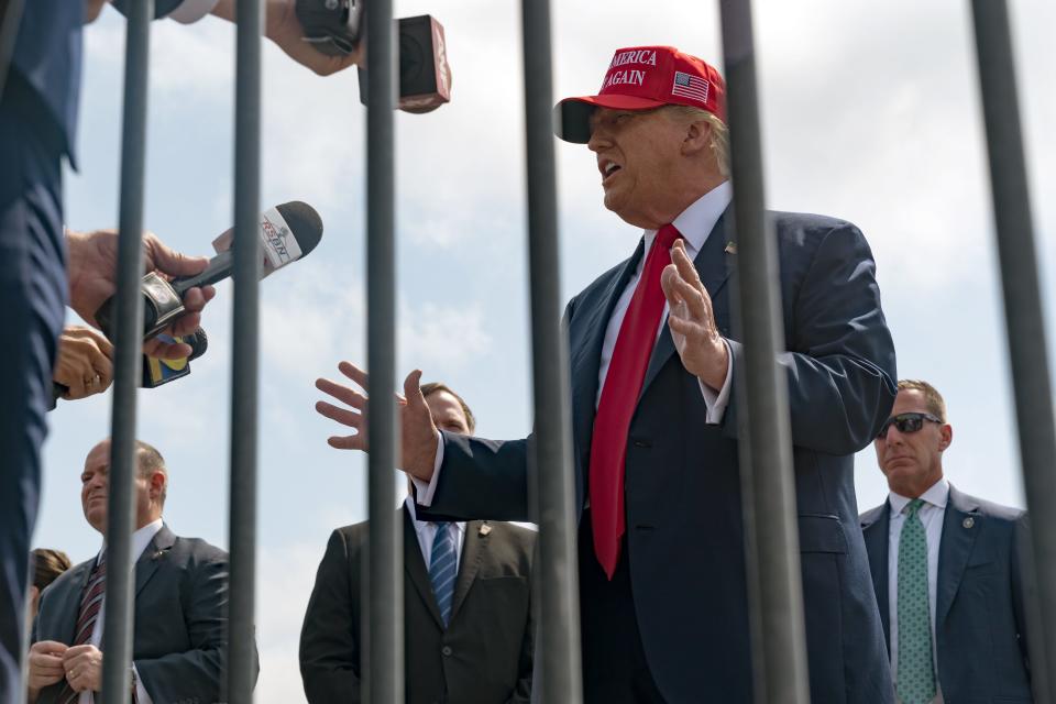 Former President Donald Trump speaks to reporters after arriving in Atlanta for a campaign fundraiser on April 10, 2024. His criminal trial for hiding the money in New York City is scheduled to begin on April 15 .