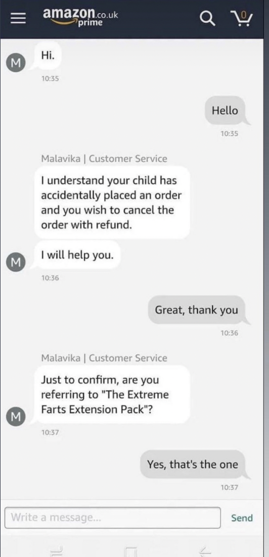 An Amazon customer service person saying they understand the person's child placed an order they want to cancel, and asking if it's "The Extreme Farts Extension Pack"