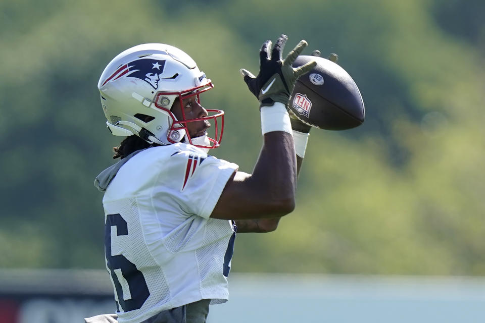 New England Patriots wide receiver Jakobi Meyers (16) makes a catch during the NFL football team's training camp, Wednesday, Aug. 3, 2022, in Foxborough, Mass. (AP Photo/Steven Senne)