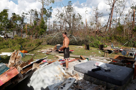 Gabriel Schaw, 40, stands in the remains of his home destroyed by Hurricane Michael in Fountain, Florida, U.S., October 15, 2018. REUTERS/Terray Sylvester