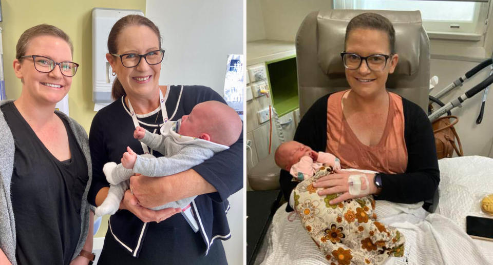 Queensland woman Dani Donne with baby and Dr Catherine Shannon  at Mater Hospital. 