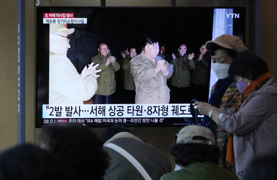 A TV screen shows an image of North Korean leader Kim Jong Un during a news program at the Seoul Railway Station in Seoul, South Korea, Thursday, Oct. 13, 2022. North Korean leader Kim Jong Un supervised tests of long-range cruise missiles, which he described as a successful demonstration of his military's expanding nuclear strike capabilities and readiness for "actual war," state media said Thursday. (AP Photo/Ahn Young-joon)