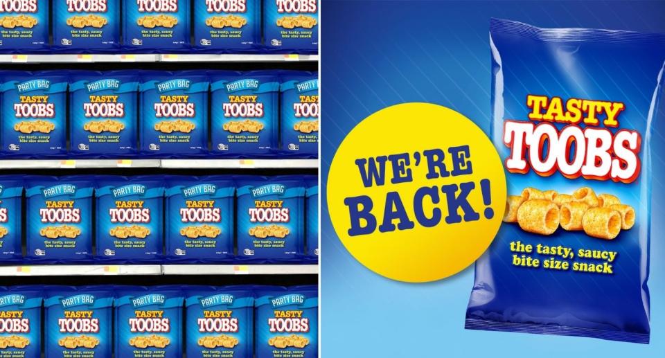 Side-by-side image: Left: Boxes of Tasty Toobs on shelves. Right: Packet of Tasty Toobs with 