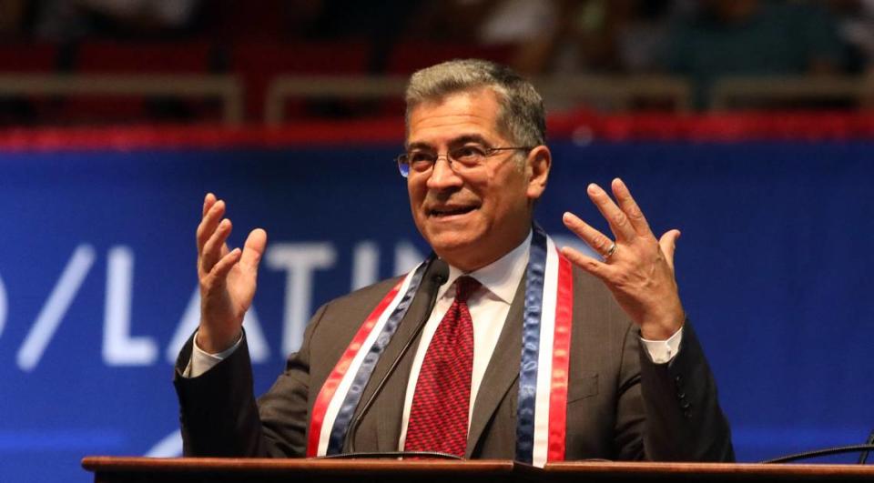 Health and Human Services Secretary Xavier Becerra told graduates not to fall down but “fall forward” during his speech at the 48th Fresno State Chicano/Latino Commencement Celebration at the Save Mart Center on May 18, 2024.