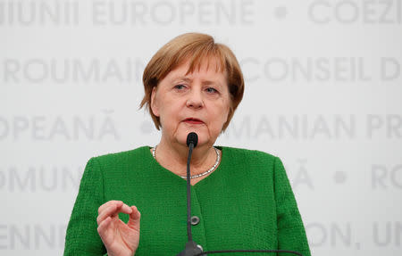 German Chancellor Angela Merkel gestures during a news conference after the informal meeting of European Union leaders in Sibiu, Romania, May 9, 2019. REUTERS/Francois Lenoir