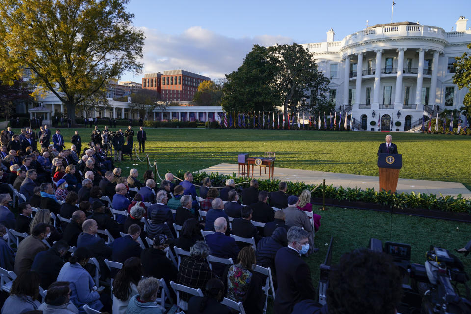 President Joe Biden speaks before signing the $1.2 trillion bipartisan infrastructure bill into law during a ceremony on the South Lawn of the White House in Washington, Monday, Nov. 15, 2021. (AP Photo/Susan Walsh)