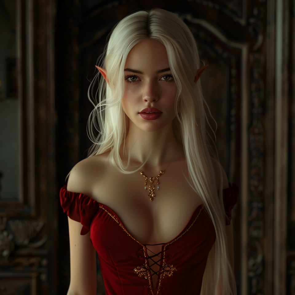 Person in fantasy costume with elf-like ears and a red dress, evoking a character from a book