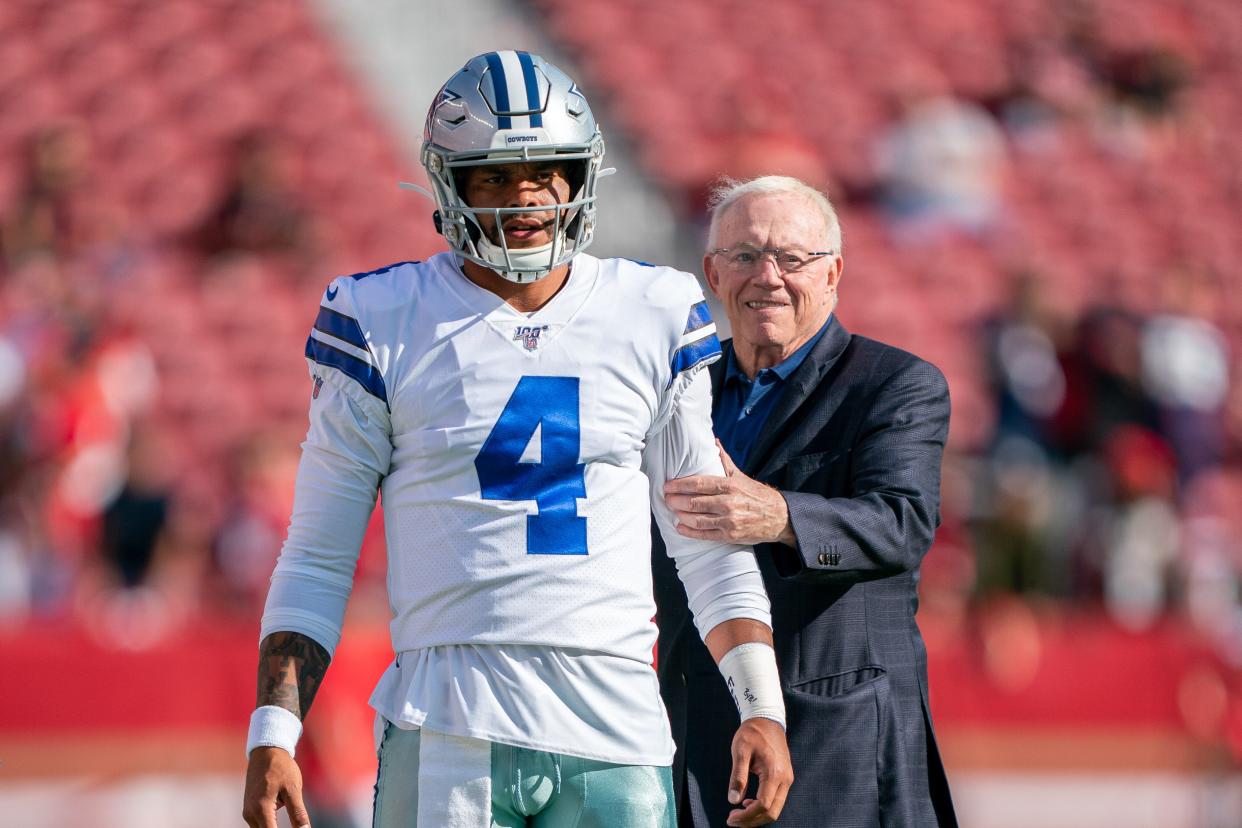 August 10, 2019; Santa Clara, CA, USA; Dallas Cowboys quarterback Dak Prescott (4) and owner Jerry Jones (right) before the game against the San Francisco 49ers at Levi's Stadium. Mandatory Credit: Kyle Terada-USA TODAY Sports