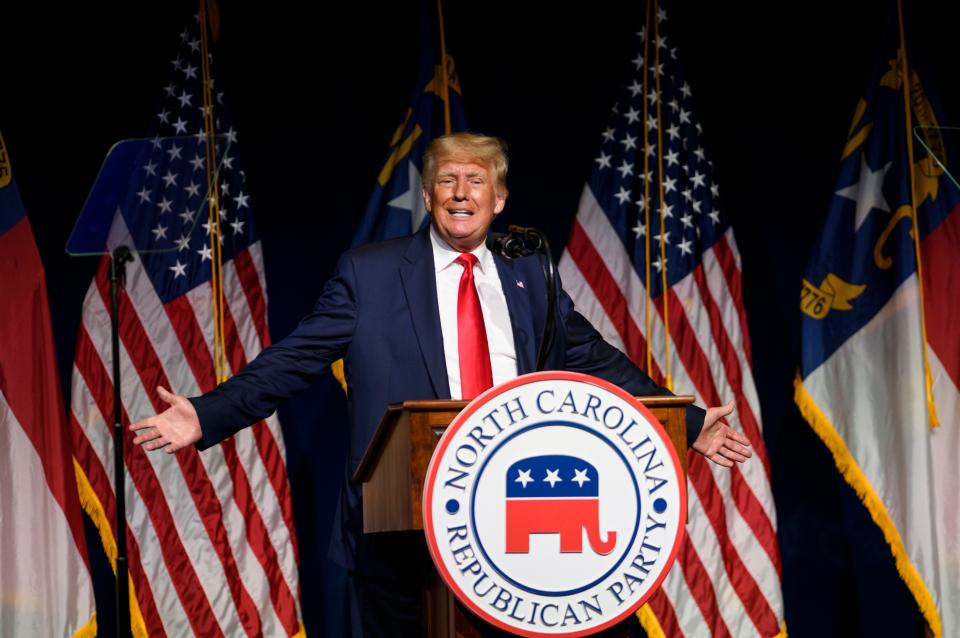 Former US President Donald Trump addresses the NCGOP state convention on 5 June, 2021 in Greenville, North Carolina. Mr Trump could end up getting legal defense from President Joe Biden’s Justice Department. (Getty Images)