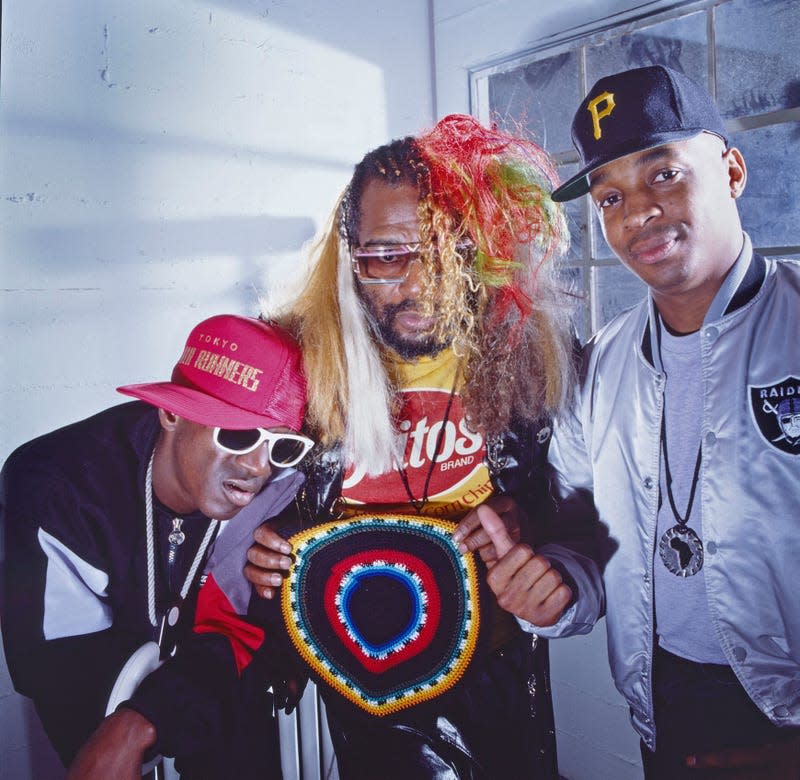 LOS ANGELES - OCTOBER 1989: Public Enemy members Chuck D, Flavor Flav, and the one and only George Clinton pose for a portrait in October 1989 in Los Angeles, California.