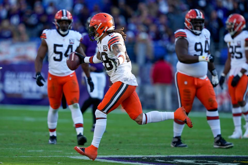 Cleveland Browns cornerback Mike Ford celebrates after an interception against the Baltimore Ravens on Sunday in Baltimore.