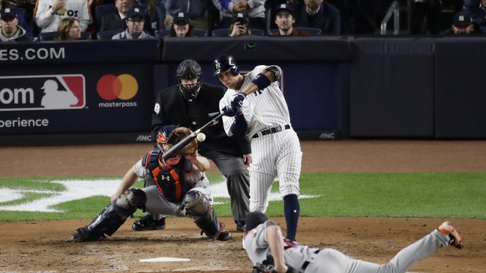New York Yankees’ Aaron Judge hits a three-run home run during the fourth inning of Game 3 of baseball’s American League Championship Series against the Houston Astros Monday, Oct. 16, 2017, in New York. (AP Photo/Frank Franklin II)