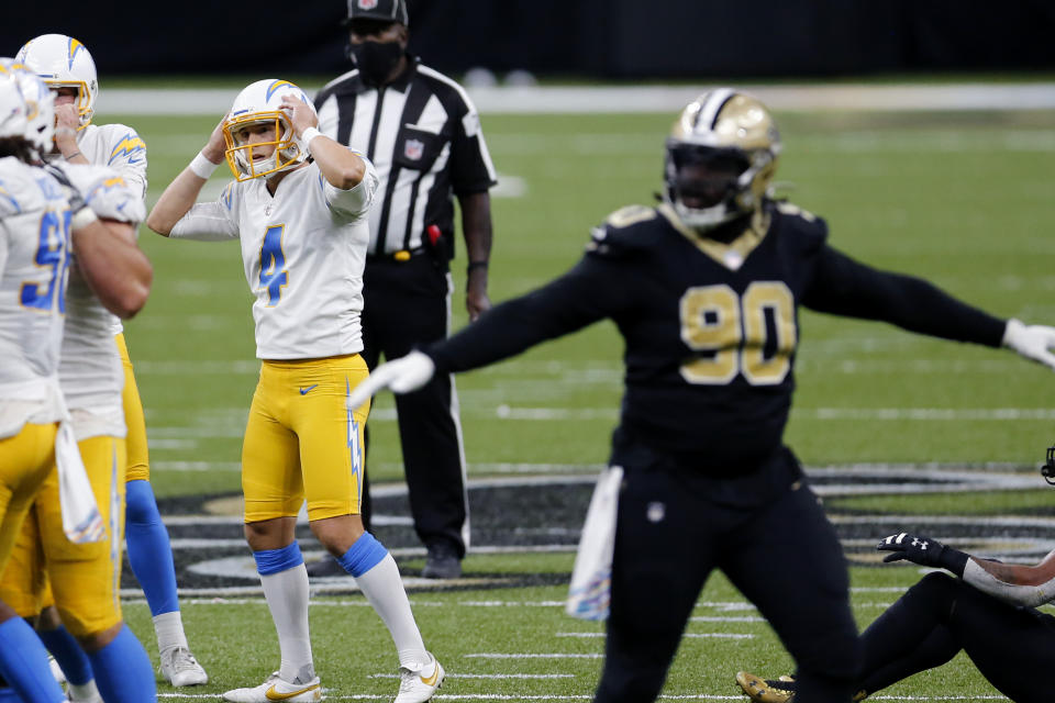 Los Angeles Chargers kicker Mike Badgley (4) reacts after missing a field goal in the second half of an NFL football game against the New Orleans Saints in New Orleans, Monday, Oct. 12, 2020. The Saints won in overtime, 30-27. (AP Photo/Brett Duke)