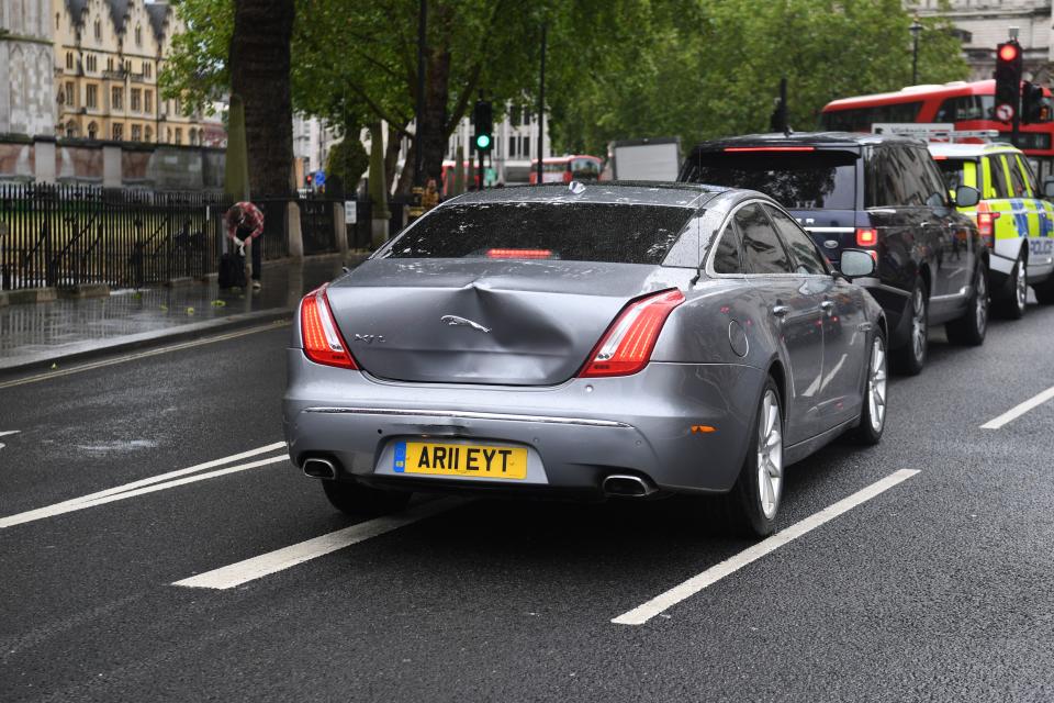 A large dent in the car of Britain's Prime Minister Boris Johnson is seen after an incident where a protester runs into the road toward the convoy and the lead car stopped and was struck by the next car in the convoy leaving the Houses of Parliament in London on June 17, 2020. - The protester ran into the road towards the Jaguar that normally carries the Prime Minister Boris Johnson and was stopped by police. As the Jaguar stopped it was subsequently struck from behind by the next vehicle in the convoy resulting in a large dent. (Photo by DANIEL LEAL-OLIVAS / AFP) (Photo by DANIEL LEAL-OLIVAS/AFP via Getty Images)