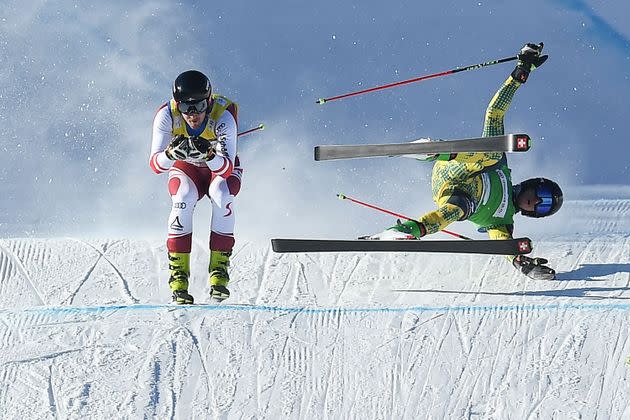 Germany's Tobias Mueller falls during the FIS Ski Cross World Cup 2022, part of a 2022 Beijing Winter Olympic Games test event in China's Hebei province on Saturday.  (Photo: WANG ZHAO/AFP via Getty Images)