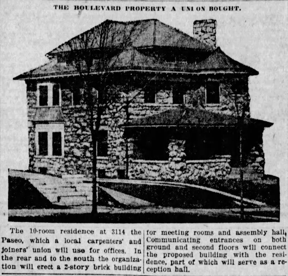 3114 Paseo was originally a 10-room house before the carpenters’ union bought it in 1923. Clipping from the Kansas City Star, March 18, 1923.