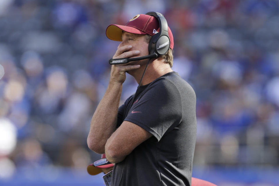 Washington Redskins head coach Jay Gruden watches the game against the New York Giants during the second half of an NFL football game, Sunday, Sept. 29, 2019, in East Rutherford, N.J. The Giants defeated the Redskins 24-3. (AP Photo/Adam Hunger)