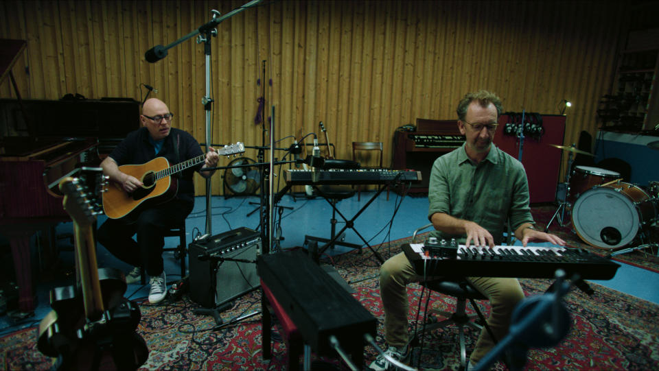 Composer Gary Clark and director John Carney working on the music for “Flora and Son,” premiering September 29, 2023 on Apple TV+.