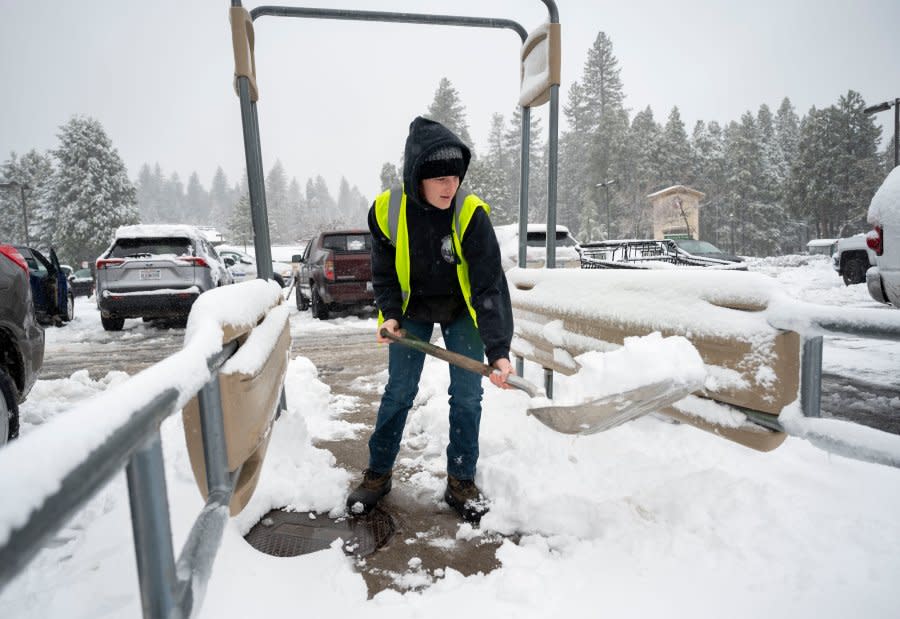 Hailee Lind shovels snow from the shopping cart corral in the parking lot of Safeway in Camino, Calif., Saturday, March 2, 2024. (Lezlie Sterling/The Sacramento Bee via AP)