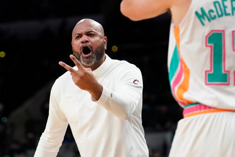 Cavaliers coach J.B. Bickerstaff argues a call during the second half of a 114-109 win over the San Antonio Spurs on Friday night. [Eric Gay/Associated Press]
