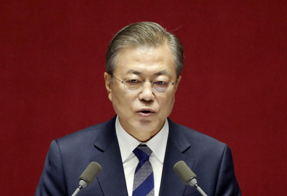 South Korean President Moon Jae-in delivers his speech on the government's 2019 budget proposal during a plenary session at the National Assembly in Seoul, South Korea, Thursday, Nov. 1, 2018. President Moon said Thursday that North Korean leader Kim Jong Un will “soon” visit Seoul as part of a flurry of high-profile diplomacy aimed at ridding North Korea of its nuclear weapons. (Kim Hong-Ji/Pool Photo via AP)