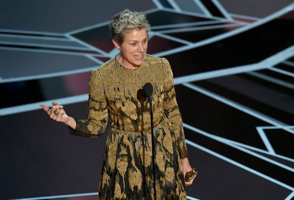 Frances McDormand won Best Actress Three Billboards and asked all her fellow nominees to stand with her. Source: Getty