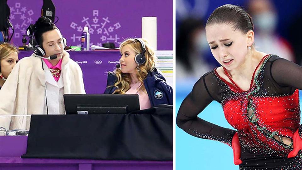 NBC commentators Johnny Weir and Lapinski (pictured left) during the Winter Olympics and Kamila Valieva (pictured right) crying while skating.