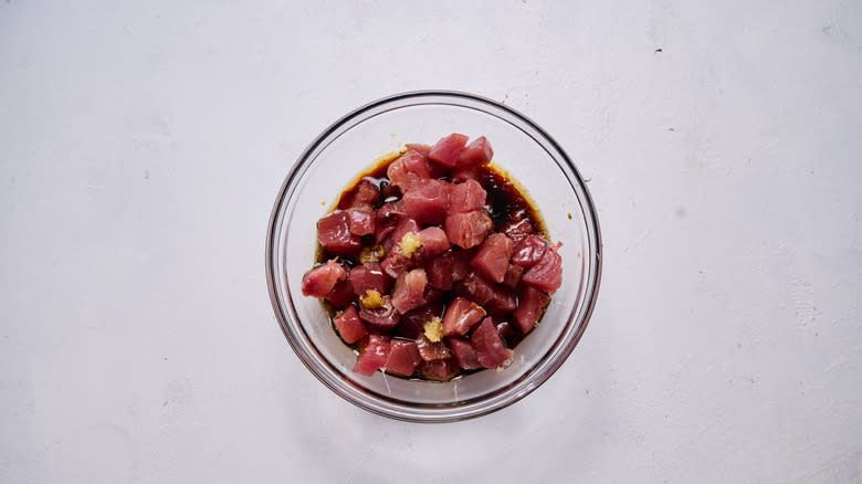 soy marinated raw tuna in bowl