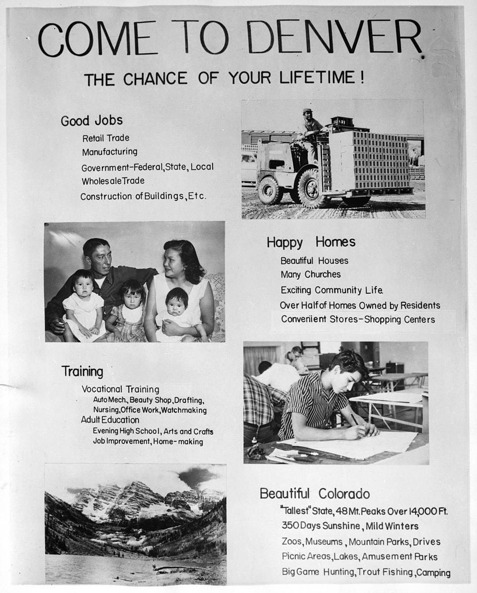 A “Come to Denver” relocation recruitment poster from the Bureau of Indian Affairs, circa 1950s