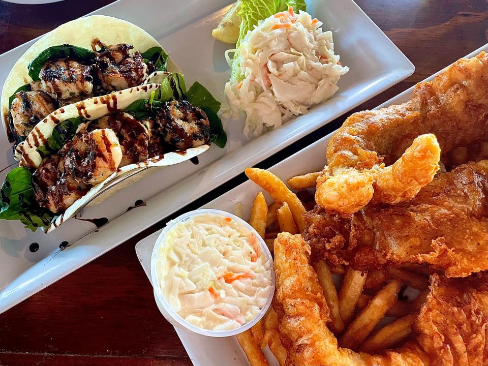 Pesto-grilled shrimp tacos and fish and chips from The Golden Lion.