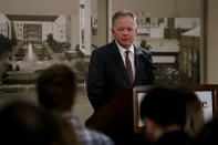 Bobby Petrino takes questions after he was introduced as the new NCAA college football head coach at Missouri State during a news conference Thursday, Jan. 16, 2020, in Springfield, Mo. Petrino has a 119-56 record in 14 seasons at Arkansas, Western Kentucky and Louisville and replaces Dave Steckel who was fired after winning just 13 games in five seasons. (AP Photo/Jeff Roberson)