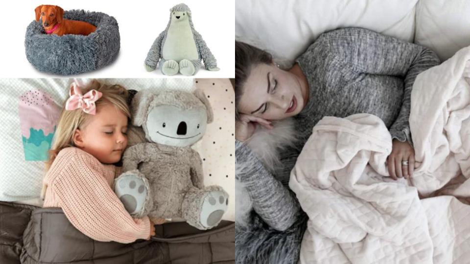 Three images of Calming Blankets products, including a dog bed, a soft toy, a child sleeping with asoft toy and woman asleep in a bed. weighted blanket