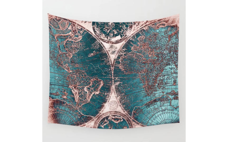 Society6 Antique World Map Pink Quartz Teal Blue Wall Tapestry by Nature Nagick