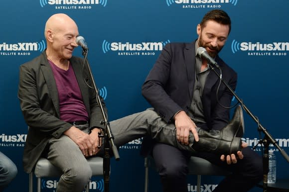 Hugh Jackman and Patrick Stewart at a Sirius XM Town Hall interview.