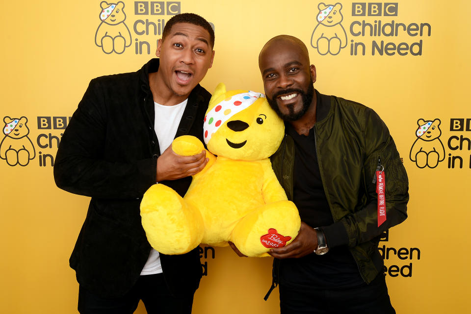 BOREHAMWOOD, ENGLAND - NOVEMBER 16:  Rickie Haywood-Williams (L) and Melvin Odoom backstage at BBC Children In Need's 2018 appeal night at Elstree Studios on November 16, 2018 in Borehamwood, England. (Photo by Dave J Hogan/Dave J Hogan/Getty Images)